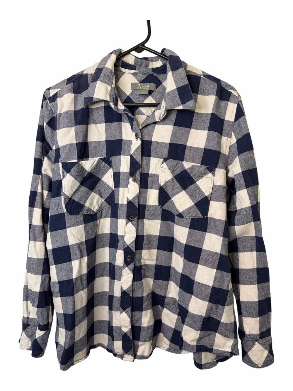 Natural Reflections Navy and White Check Button-Down Flannel Shirt
